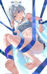Rule 34 | 1girl, :o, absurdres, armpits, bare shoulders, barefoot, bikini, black survival, blue bikini, blue eyes, blue ribbon, bound, bound legs, bound wrists, detached collar, double bun, ento (user jjce7387), eternal return: black survival, feet, flower, hair bun, hair flower, hair ornament, hand up, highres, looking at viewer, navel, official alternate costume, open mouth, ribbon, short hair, soles, solo, stomach, swimsuit, thighs, toes, vanya (black survival), vanya (summer dream) (black survival), white hair