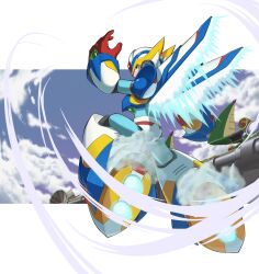 1boy absurdres arm_cannon armor back bodystocking boots codpiece falcon_armor_x_(mega_man) gauntlets gloves green_eyes helmet highres looking_back mega_man_(series) mega_man_x_(series) official_alternate_costume sxgc2754 thrusters weapon white_armor wind wings x_(mega_man)