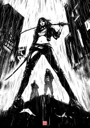 1girl 2boys building closed_mouth commentary crossed_arms english_commentary full_body greyscale highres holding holding_sword holding_weapon hood jacket medium_hair monochrome multiple_boys navel nogisanart open_clothes open_jacket original pants rain sword weapon