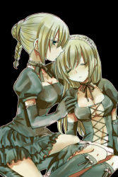 2girls beelzebub_(manga) black_background blonde_hair breasts choker cleavage closed_eyes collarbone detached_sleeves donko-donko dress earrings elbow_gloves frills gathers gloves green_eyes hair_bun hair_over_one_eye hand_on_shoulder hilda_(beelzebub) jewelry lolita_fashion long_hair medium_breasts multiple_girls navel on_one_knee ponytail puffy_sleeves ribbon_choker short_ponytail siblings simple_background single_hair_bun sisters sitting small_breasts unconscious yagi_(donko-donko) yolda_(beelzebub)