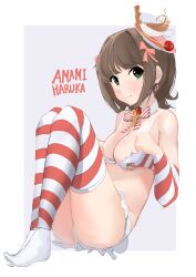 1girl absurdres amami_haruka ass bikini bikini_skirt border bow bowtie breasts brown_hair candy ch2haya_p character_name choker cleavage cookie cup detached_sleeves earrings embarrassed food frilled_bikini frills fruit furrowed_brow green_eyes grey_background hair_intakes hair_ribbon heart heart_earrings highres idolmaster idolmaster_(classic) idolmaster_one_for_all jewelry lollipop medium_breasts medium_hair nose object_on_head outside_border red_ribbon revision ribbon sidelocks sitting solo strawberry striped_bikini striped_bow striped_bowtie striped_clothes striped_thighhighs swimsuit teacup teatime_happiness_(idolmaster) thighhighs wavy_mouth white_border