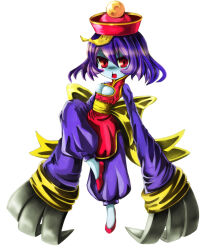 1girl alice_(afternoon_gleam) bad_source blue_skin blush_stickers breasts claws cleavage cleavage_cutout closed_mouth clothing_cutout colored_skin commentary_request darkstalkers full_body hat hsien-ko jiangshi looking_at_viewer medium_breasts ofuda open_mouth pants purple_hair purple_pants qingdai_guanmao red_eyes red_shirt red_shoes shirt shoes short_hair simple_background solo white_background
