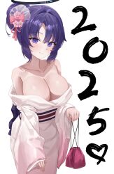 1girl 2025 absurdres blue_archive breasts cleavage collarbone commentary cowboy_shot hair_bun halo hido88 highres japanese_clothes kimono kinchaku looking_at_viewer mechanical_halo obi pink_kimono pouch purple_eyes purple_hair sash short_hair simple_background solo standing white_background yuuka_(blue_archive)