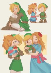 Rule 34 | 1boy, 1girl, belt, blonde hair, blush, boots, brown belt, brown footwear, cowboy shot, dress, flower, food, frown, fruit, green dress, green headwear, green tunic, grey pants, hair flower, hair ornament, highres, holding, holding food, holding fruit, holding hands, instrument, ivy (sena0119), jewelry, knee boots, link, long hair, looking at another, marin (zelda), necklace, nintendo, ocarina, pants, parted bangs, red flower, short sleeves, sitting, smile, the legend of zelda, the legend of zelda: link&#039;s awakening, toon link, tunic