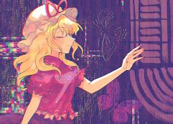 1girl blonde_hair closed_eyes closed_mouth from_side hat hat_ribbon itomugi-kun long_hair maribel_hearn mob_cap outstretched_arm puffy_short_sleeves puffy_sleeves purple_shirt purple_skirt red_ribbon ribbon shirt short_sleeves skirt solo taboo_japan_disentanglement touhou upper_body white_hat