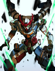 Rule 34 | absurdres, commentary request, debris, feet out of frame, full body, glowing, glowing eye, gquuuuuux, green eyes, gundam, gundam gquuuuuux, highres, looking at viewer, mecha, mecha focus, mobile suit, nicobear (user rpsz5355), no humans, robot, science fiction, solo, standing, v-fin, white background