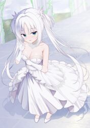 1girl absurdres alternate_costume alternate_eye_color bare_shoulders blush breasts bride cleavage clenched_hand collarbone commentary day dress floating_hair frilled_dress frills full_body gloves green_eyes hair_intakes hand_up high_heels highres large_breasts long_dress long_hair looking_at_viewer mamiya_yuki no_socks open_hand open_mouth outdoors senren_banka shadow shoes sidelocks smile solo standing strapless strapless_dress tile_floor tiles tomotake_yoshino twintails very_long_hair wedding_dress white_dress white_gloves white_hair white_shoes