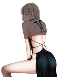 1girl arm_at_side artist_name backless_dress backless_outfit black_dress blonde_hair closed_mouth commentary cowboy_shot dress elf english_commentary evening_gown from_behind highres long_hair looking_ahead looking_to_the_side median_furrow no_bra no_panties nzkn o-ring original pointy_ears red_eyes revealing_clothes sidelocks simple_background sitting sleeveless sleeveless_dress tied_dress turning_head very_long_hair watermark white_background