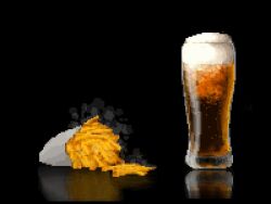 alcohol beer beer_glass black_background foam food food_focus food_wrapper french_fries hisachan55cute ice ice_cube no_humans original pixel_art reflective_surface simple_background steaming_food still_life