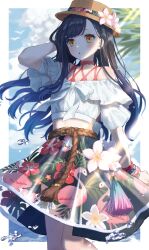 1girl :o absurdres arm_behind_back bare_shoulders black_hair black_skirt blurry blurry_background blush border brown_hat commentary_request cowboy_shot day flamingo_print floral_print flower hat hat_flower highres long_hair myon_rio off-shoulder_shirt off_shoulder outdoors outside_border print_skirt project_sekai shiraishi_an shirt short_sleeves skirt solo white_border white_shirt yellow_eyes