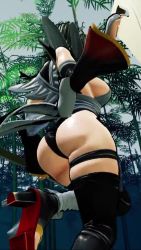 1girl 3d animated apron ass ass_focus ass_shake back black_hair black_leotard breasts bush butt_crack butterfly_swords curvy forest highleg highleg_leotard highres holding holding_weapon huge_ass iroha_(samurai_spirits) jiggle jumping large_breasts leotard maid maid_headdress nature samurai_spirits screencap shiny_skin short_hair skindentation sky solo sound standing standing_on_one_leg thighhighs third-party_edit thong_leotard video weapon wide_hips