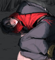 1boy black_hair blood bound bound_arms bound_legs bruise bruise_on_face earrings feet_out_of_frame furrowed_brow gakuran green_eyes hair_between_eyes heterochromia highres hood hoodie hypnosis_mic injury jacket_over_hoodie jewelry kidnapped looking_at_viewer lying male_focus midriff_peek mole mole_under_eye nosebleed on_ground on_side pants parted_lips red_eyes red_hoodie school_uniform short_hair solo stud_earrings x09cc yamada_ichiro