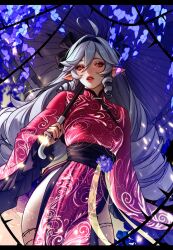 1girl ahoge black_nails drill_hair earrings fif_228 grey_hair highres holding holding_umbrella japanese_clothes jewelry kimono lips long_hair looking_at_viewer mole mole_under_eye nail_polish obi open_mouth pointy_ears purple_kimono red_eyes sash solo twin_drills umbrella very_long_hair vivian_banshee zenless_zone_zero