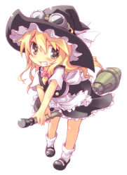 1girl blonde_hair female_focus goggles goggles_on_head grin hat high-explosive_anti-tank_(warhead) kirisame_marisa man-portable_anti-tank_systems mary_janes no_nose panzerfaust recoilless_gun rocket rokushou shoes smile solo star_(symbol) symbol-shaped_pupils touhou witch witch_hat
