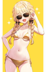 1girl alternate_costume bikini black_ribbon blonde_hair blush braid breasts commentary_request cowboy_shot facing_viewer fang fujita_kotone gakuen_idolmaster gluteal_fold gold_bikini groin hair_ribbon halterneck hand_on_own_hip highres idolmaster long_hair medium_breasts navel pillarboxed ribbon sakura_ran side-tie_bikini_bottom signature simple_background skin_fang smile solo sparkle stomach string_bikini sunglasses swimsuit thighs twin_braids yellow_background
