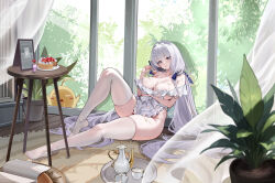 1girl absurdres ahoge apron arm_under_breasts azur_lane bare_shoulders blush breasts cleavage closed_mouth commission cup food food_on_body fork frilled_straps fruit_tart glass_door highres holding holding_fork illustrious_(azur_lane) illustrious_(sweet_afternoon_teatime)_(azur_lane) indoors knee_up large_breasts long_hair looking_at_viewer low_twintails manjuu_(azur_lane) naked_apron off_shoulder official_alternate_costume plant potted_plant round_table sexually_suggestive skindentation sliding_doors smile solo spilled_milk strawberry_tart table tart_(food) teacup teapot thick_thighs thighhighs thighs tray triangle_mouth twintails very_long_hair white_apron white_hair white_thighhighs wooden_table yoyoleaf