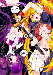 +_+ 2girls ascot belt black_skirt blonde_hair blush bow choushujinnkou_(vocaloid) crop_top dual_persona english_text glint hair_bow hatsune_miku highres holding holding_staff holding_sword holding_weapon horns long_hair microphone midriff multiple_girls navel open_mouth purple_hair red_eyes shirt signature skirt smile speech_bubble staff supernewan888 sword twintails very_long_hair vocaloid weapon white_skirt wrist_cuffs