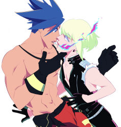 Rule 34 | 2boys, androgynous, black gloves, blonde hair, blue fire, earrings, fire, galo thymos, gloves, half gloves, jewelry, karina farek, leather, leather pants, lio fotia, male focus, multiple boys, pants, pink fire, promare, short hair, sidelocks, simple background, triangle earrings, undercut, yaoi