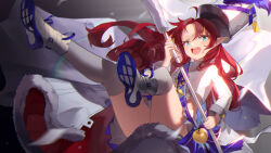 1girl apple aqua_eyes arknights chinese_commentary chromatic_aberration commentary_request crop_top cropped_shirt ear_piercing flag food fruit full_body grey_thighhighs hat highres holding holding_flag long_hair long_sleeves looking_at_viewer myrtle_(arknights) myrtle_(light_gold_celebration)_(arknights) official_alternate_costume open_mouth peaked_cap piercing pointy_ears purple_sash red_hair round_teeth sash shako_cap shirt shoe_soles shoes shoulder_sash solo teeth thighhighs upper_teeth_only white_flag white_hat white_shirt white_shoes yiyu_wusheng