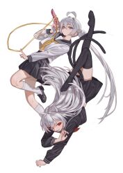 Rule 34 | 2girls, ahoge, animal ears, black serafuku, black thighhighs, blue eyes, cat girl, flying, grey hair, gun, hair bun, handgun, highres, loafers, long hair, looking at viewer, lower teeth only, midriff peek, multiple girls, naruto maki (naruto05), neckerchief, open mouth, original, red eyes, red neckerchief, sailor, sailor collar, school uniform, serafuku, shirt overhang, shoes, skindentation, socks, tail, teeth, thighhighs, upside-down, very long hair, weapon, white background, white socks, yellow neckerchief