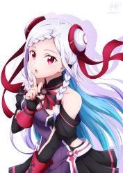 Rule 34 | 1girl, black sleeves, blonde hair, blue hair, braid, breasts, bun cover, cleavage, collarbone, colored inner hair, detached sleeves, dress, earrings, finger to mouth, floating hair, hair over shoulder, hair ribbon, highres, index finger raised, jewelry, ken-ji, long hair, long sleeves, medium breasts, multicolored hair, nail polish, open mouth, purple dress, red eyes, red nails, red ribbon, ribbon, shadow, sleeves past wrists, solo, sword art online, sword art online the movie: ordinal scale, twitter username, two-tone hair, very long hair, white background, yuna (sao)