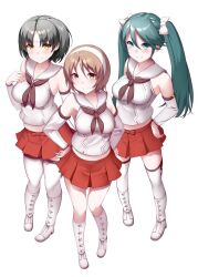 Rule 34 | 3girls, blue eyes, blue hair, blush, boots, breasts, brown eyes, brown hair, brown neckerchief, detached sleeves, full body, green eyes, hair ribbon, hairband, isuzu (kancolle), isuzu kai ni (kancolle), kantai collection, kirigakure (kirigakure tantei jimusho), large breasts, long hair, looking at viewer, matching outfits, multiple girls, nagara (kancolle), natori (kancolle), navel, neckerchief, one side up, original remodel (kantai collection), pleated skirt, red skirt, ribbon, sailor collar, school uniform, serafuku, shirt, shoes, short hair, skirt, sleeveless, sleeveless shirt, smile, thighhighs, twintails, white background, white footwear, white hairband, white ribbon, white sailor collar, white shirt, white thighhighs