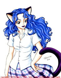 00s 1girl 2004 animal_ears bewildered black_eyes blue_hair blue_lips blue_skirt breasts cat_ears cat_girl cat_tail female_focus hand_on_own_hip long_hair looking_at_viewer medium_breasts plaid_clothes plaid_skirt school_uniform shirt short_sleeves skirt solo standing tail traditional_media white_background white_shirt