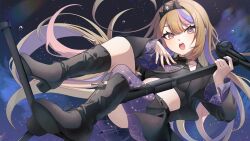 Rule 34 | 1girl, absurdres, black boots, boots, constellation print, crop top, eyelashes, floating, galaco, galaco (black), glint, hairband, highres, long hair, looking at viewer, microphone stand, midriff, multicolored hair, nanahi tsubaki, open mouth, purple skirt, skirt, solo, star (sky), streaked hair, vocaloid, water drop