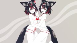 2girls absurdres animal_ear_fluff animal_ears ass asymmetrical_docking bikini black_hair breast_press breasts cat_ears cat_girl cat_tail dark_persona dual_persona ear_piercing earrings fox_ears fox_girl fox_tail from_side grin hair_between_eyes hand_on_another&#039;s_hip highres holding_hands interlocked_fingers jewelry looking_at_viewer medium_breasts medium_hair micro_bikini monochrome mulicia_(vrchat) multicolored_hair multiple_girls nail_polish nijukami open_mouth piercing pubic_tattoo red_bikini red_eyes red_hair red_nails short_hair small_breasts smile spot_color streaked_hair string_bikini swimsuit symmetrical_docking symmetry tail tattoo teeth vrchat