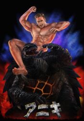 1boy abs arm_up barefoot billy_herrington body_markings brown_eyes brown_hair daiei_film gachimuchi gamera gamera_(series) gamera_3:_revenge_of_iris glowing glowing_markings highres kaiju nipples nude open_mouth parody pectorals tokusatsu turtle tusks zeze