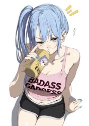 Rule 34 | 1girl, alternate costume, aqua (konosuba), bare shoulders, beer can, black shorts, blue hair, blue nails, breasts, can, cleavage, drink can, drinking, english text, highres, holding, holding can, izawa (bhive003), kono subarashii sekai ni shukufuku wo!, large breasts, long hair, nail polish, navel, shorts, simple background, sitting, solo, stomach
