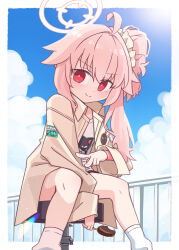 &gt;:) 1girl ahoge black_skirt blue_archive blue_sky brown_jacket closed_mouth cloud commentary_request day hair_between_eyes hair_bun halo harada_(sansei_rain) highres holding jacket long_hair loose_socks natsu_(band)_(blue_archive) natsu_(blue_archive) one_side_up open_clothes open_jacket pink_hair railing red_eyes shirt single_side_bun sitting skirt sky smile socks solo v v-shaped_eyebrows white_shirt white_socks