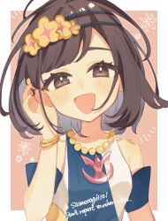 Rule 34 | 1girl, bare shoulders, black eyes, black hair, blush, bracelet, breasts, dress, flower, flower on head, flower wreath, gala dress, hair ornament, highres, jewelry, looking at viewer, necklace, nintendo, official alternate costume, open mouth, pokemon, pokemon masters ex, selene (champion) (pokemon), selene (pokemon), short hair, sleeveless, sleeveless dress, smile, solo, sumeragi1101, upper body