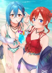 2girls arm_out_of_sleeve bare_shoulders beach bikini black_bikini black_jacket blue_eyes blue_hair breasts cleavage cleavage_cutout clothing_cutout commentary_request cowboy_shot crazy_straw crossed_bangs cup drink drinking drinking_straw drinking_straw_in_mouth frilled_bikini frills gingham_bikini green_bikini hair_between_eyes hair_bun hand_on_own_thigh highres holding holding_cup holding_drink jacket jewelry large_breasts leaning_forward love_live! love_live!_days:_love_live!_general_magazine love_live!_superstar!! mismatched_bikini multiple_girls navel necklace official_alternate_costume orange_eyes outdoors parted_lips red_bikini red_hair sharing_food shinyoujurin short_hair short_hair_with_long_locks single_side_bun small_breasts star_(symbol) star_necklace stomach swimsuit wakana_shiki yoneme_mei