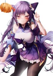 1girl absurdres arm_up bait bait_and_switch bare_shoulders black_pantyhose blush breasts chinese_clothes clenched_hand commentary_request cone_hair_bun detachable dress eyebrows fishing_line flower food frilled_dress frilled_sleeves frills genshin_impact hair_bun hair_flower hair_ornament half-closed_eyes hand_up highres keqing_(genshin_impact) large_breasts leaning_forward long_hair looking_at_food pantyhose parted_lips purple_dress purple_eyes purple_hair short_dress shrimp shrimp_tempura sidelocks simple_background sleeveless sleeveless_dress solo staring tempura thigh_gap thighs twintails very_long_hair white_background xiongshouji