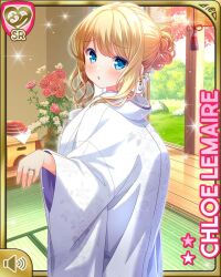 1girl :o alternate_hairstyle blonde_hair blue_eyes bride character_name chloe_lemaire day girlfriend_(kari) hair_bun hair_ornament indoors japanese_clothes kimono long_hair official_art open_mouth qp:flapper single_hair_bun solo white_kimono