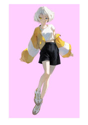 1girl absurdres bang_dream! bang_dream!_it&#039;s_mygo!!!!! black_shorts blue_eyes border closed_mouth commentary earrings full_body hashtag-only_commentary heterochromia highres jacket jewelry kaname_raana kissshotmagia long_sleeves looking_at_viewer midriff_peek open_clothes open_jacket pink_background shirt shoes short_hair short_sleeves shorts simple_background single_off_shoulder solo white_border white_hair white_shirt white_shoes yellow_eyes yellow_jacket
