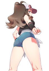 10s 1girl ass bad_deviantart_id bad_id baseball_cap blue_eyes brown_hair cameltoe cutoffs denim denim_shorts female_focus from_behind from_below hat highres hilda_(pokemon) holding holding_poke_ball kneepits long_hair looking_at_viewer looking_back looking_down naso4 nintendo poke_ball pokemon pokemon_bw short_shorts shorts simple_background solo thighs white_background