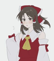 1girl ascot blush bow brown_eyes brown_hair commentary_request detached_sleeves frilled_bow frilled_hair_tubes frills hair_bow hair_tubes hakurei_reimu highres long_hair looking_at_viewer open_mouth red_bow red_skirt sakic43899 skirt skirt_set solo touhou yellow_ascot