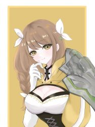 Rule 34 | 1girl, black corset, braid, braided ponytail, breasts, brown hair, cleavage, corset, fire emblem, fire emblem engage, gloves, goldmary (fire emblem), hair ribbon, highres, hooded top, large breasts, long hair, looking at viewer, low ponytail, mole, mole on breast, nintendo, ponytail, ribbon, rinhprn, smile, solo, white gloves, white ribbon, yellow eyes