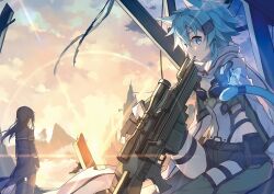 1boy 1girl artist_request blue_eyes blue_hair gun kirito rifle shorts sinon sniper_rifle sword_art_online tagme weapon