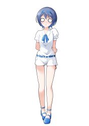 1girl ankle_strap arms_behind_back bare_legs belt blue_belt blue_hair blue_hairband blue_ribbon blue_shoes blush breasts cevio collarbone commentary_request dairi full_body hairband highres large_variant_set looking_at_viewer mary_janes neck_ribbon o_o parted_lips puffy_short_sleeves puffy_sleeves ribbon shirt shoes short_hair short_shorts short_sleeves shorts small_breasts solo standing straight-on suzuki_tsudumi tachi-e transparent_background triangle_mouth variant_set white_shirt white_shorts