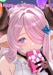 1girl black_gloves blue_eyes draph gift gloves granblue_fantasy hair_ornament hair_over_one_eye happy_birthday highres hilda_sakura holding holding_gift horns long_hair looking_at_viewer narmaya_(granblue_fantasy) one_eye_covered pink_hair pointy_ears shirt sidelocks sleeveless sleeveless_shirt smile solo