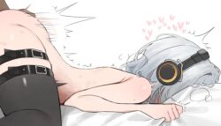 1boy 1girl anby_demara arched_back bed_sheet belt black_thighhighs commentary face_in_pillow grey_hair headphones heart hetero lying motion_lines nude on_stomach pillow prone_bone sex sex_from_behind sheet_grab short_hair solo_focus symbol-only_commentary thigh_belt thigh_strap thighhighs yzr_(yzr99) zenless_zone_zero