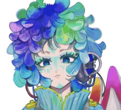 Rule 34 | 1other, androgynous, blue eyes, blue hair, dress, facepaint, facial mark, feathers, forehead mark, gnosia, green eyes, green hair, headphones, horo 215, long hair, long sleeves, looking at viewer, makeup, multicolored hair, other focus, raqio, short hair, simple background, solo, streaked hair, tattoo, upper body