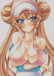 10s 1girl :&lt; bikini bikini_top_only blue_eyes blush breast_hold breasts brown_hair cleavage creatures_(company) double_bun female_focus frown game_freak hair_bun hat large_breasts long_hair marker_(medium) mechanical_pencil millipen_(medium) nintendo pen_(medium) pencil pink_bikini pokemon pokemon_bw2 rosa_(pokemon) shirt_slip simple_background solo swimsuit traditional_media twintails very_long_hair white_background yutakasan-love