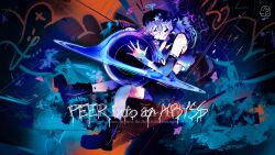 1girl absurdres artist_logo black_hole blue_halo commentary english_text graffiti halo highres logo long_hair mikake3x original parted_lips signature solo