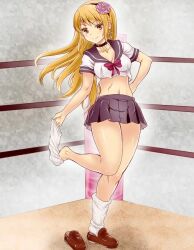 1girl artist_request blonde_hair breasts large_breasts navel paid_reward_available school_uniform smile socks