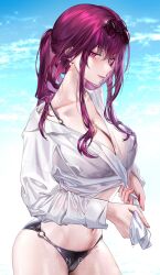 Rule 34 | 1girl, artist name, bare legs, bikini, black bikini, blue sky, breasts, cleavage, cloud, collarbone, commentary, cowboy shot, earrings, english commentary, eyewear on head, fingernails, hair between eyes, highres, honkai: star rail, honkai (series), jewelry, kafka (honkai: star rail), large breasts, light blush, light particles, long hair, long sleeves, looking at viewer, navel, outdoors, paid reward available, parted lips, pink lips, ponytail, purple-tinted eyewear, purple eyes, purple hair, ringeko-chan, round eyewear, shirt, sidelocks, sky, smile, solo, sparkle, standing, stomach, sunglasses, swimsuit, thighs, tinted eyewear, water, water drop, wet, wet clothes, wet face, wet hair, wet shirt, wet swimsuit, white shirt