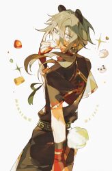Rule 34 | 1boy, absurdres, animal ears, belt, black belt, blue eyes, closed mouth, cowboy shot, earclip, ensemble stars!, food, grey hair, hair between eyes, highres, holding, holding food, kemonomimi mode, long bangs, long hair, looking back, male focus, panda boy, panda ears, panda tail, red trim, shiina niki, short sleeves, solo, tie fei wu mang dashuai, white background